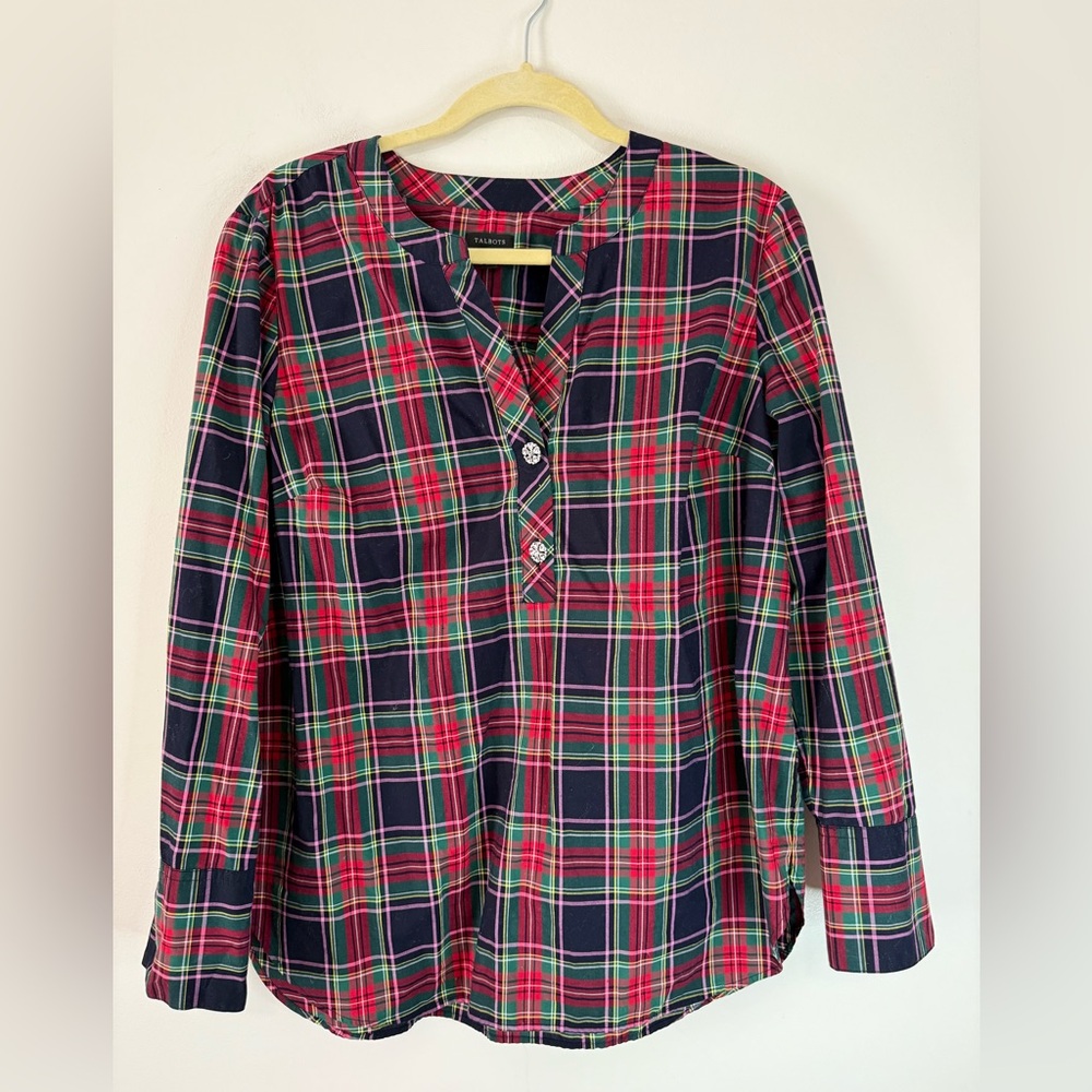 Talbots Red Plaid Button-Up Women's blouse with rhinestone buttons in size L
